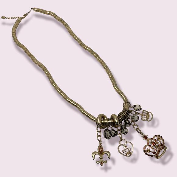 You & I Statement Necklace Long Y2K Rhinestone Charms Crown Fleur de Lis Chunky - Picture 1 of 9